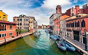 Beautiful spring view of Vennice with famous water canal and colorful houses. Splendid morning scene in Italy, Europe. Magnificent