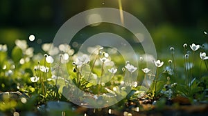 Beautiful spring white wildflowers in a clearing with green grass and soft blurred background