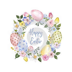 Beautiful spring wreath illustration. Watercolor hand painted egg wreath with branches, pink and yellow tulips, narcissus