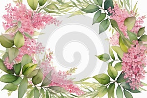 Beautiful spring wreath with tender pink flowers on white background, watercolor illustration. Copy space, place for text.