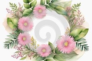 Beautiful spring wreath with tender pink flowers on white background, watercolor illustration. Copy space, place for text.