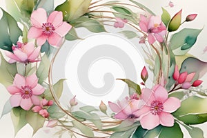 Beautiful spring wreath with tender pink flowers on white background, watercolor illustration. Copy space, place for text.