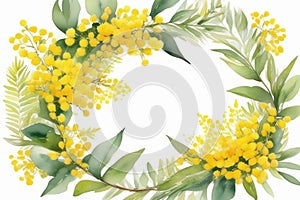 Beautiful spring wreath with tender yellow flowers on white background, watercolor illustration. Copy space, place for text