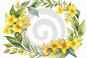 Beautiful spring wreath with tender yellow flowers on white background, watercolor illustration. Copy space, place for text