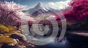 Beautiful springtime landscape with colorful bloom and mountainous landscape, AI Generated