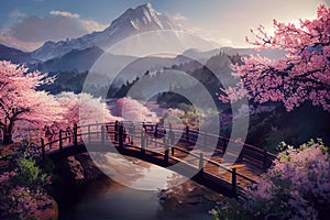 Beautiful springtime landscape with colorful bloom and mountainous landscape, AI Generated image