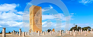 Beautiful square with Hassan tower at Mausoleum of Mohammed V in Rabat, Morocco on sunny day. Panorama