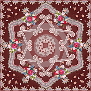 Beautiful square pattern in ottoman style. Print for fabric, shawl, square carpet photo