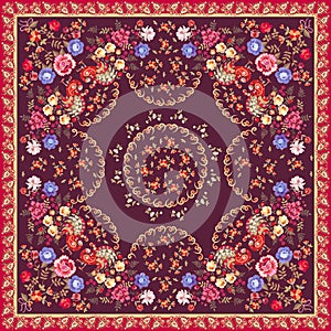 Beautiful square shawl in folkloric russian style. Bouquets of flowers and fairy birds on dark brown background. Paisley border.