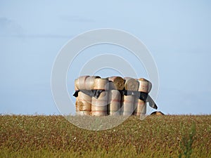 Beautiful stacked straw bullets creating an artistic figure in the field photo