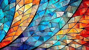 Beautiful stained glass pattern, fibonacci, polygons, technology, clean, cool color palette.