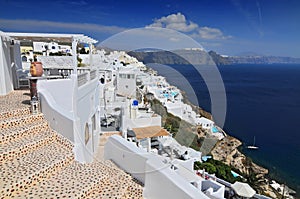 Beautiful stairs going down to a house at Oia, Santorini. Thira, Cyclades Islands, Greek Islands, Greece, Europe