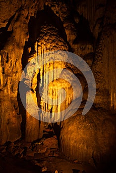 Beautiful stalactites and stalagmites inside the Khao Luang Cave.