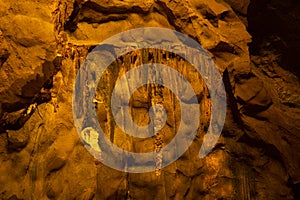 Beautiful stalactites and stalagmites inside the Khao Luang Cave.