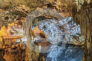 Beautiful stalactites and stalagnites of Neptune`s Grotto- cave near Alghero, Sardinia, Italy photo