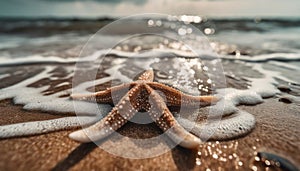 Beautiful starfish on the sand at the beach, foamy sea water