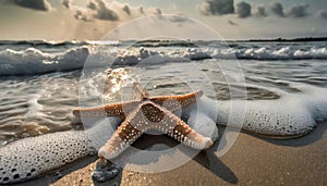 Beautiful starfish on the sand at the beach, foamy sea water