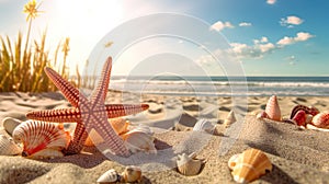 Beautiful Starfish with Seashell on Sandy Beach Captivating Coastal Serenity.