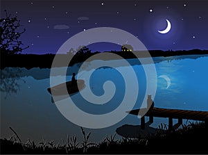 Beautiful starry night, nature landscape of lake with moon, fisherman and cat,background of house,cloud and trees