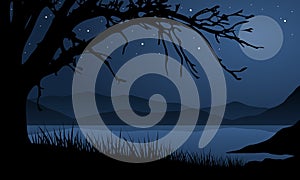 Beautiful starry sky and full moon at night with fantastic views of the mountains from the riverside. Vector