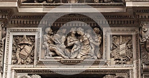 Beautiful statues and details on facade of Duomo di Milano filmed in close up video clip.