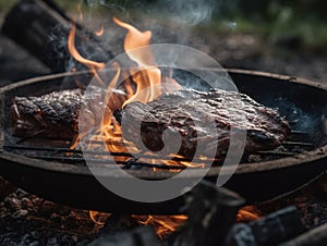 A beautiful steak being cooked to perfection over an open flame in the great outdoors. The flames lick up the sides of the grill