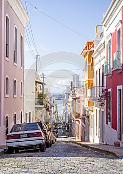 Beautiful steep street in old San Juan, Puerto Rico