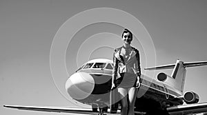 Beautiful stewardess. Air stewardess. Travel concept. Journey and jet trip. Charming stewardess. Airlines concept. Air