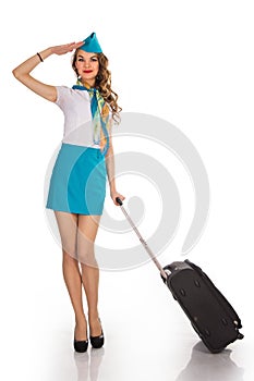 Beautiful stewardess holds baggage