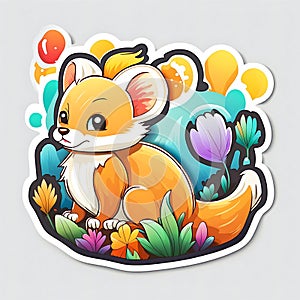 beautiful sticker of colorful fox in garden with flowers isolated on white