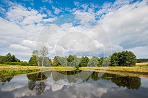 Beautiful still lake with trees on the horizon and white puffy clouds in the sky. Peaceful summer day at the cottage. Large green