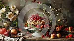 Beautiful still life featuring a mouthwatering cake topped with fresh strawberries and cherries, surrounded by apples