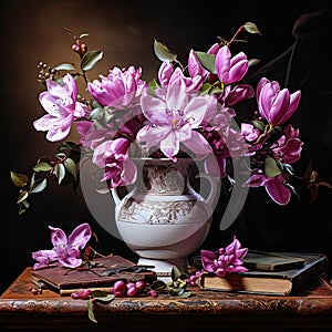 Beautiful still life with a rustic style bouquet of pink flowers.