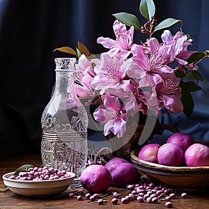 Beautiful still life with a rustic style bouquet of pink flowers.
