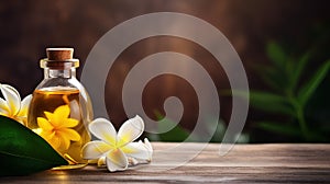 Beautiful still life spa composition with candles, frangipani flower, oil flasks. Bottle with frangipani flower on