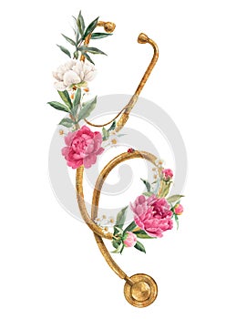 Beautiful stock clip art illustration with hand drawn watercolor doctor retro stethoscope and flowers.