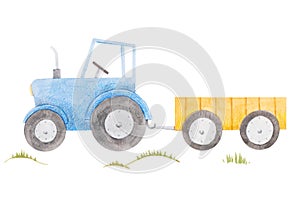 Beautiful stock illustration with cute watercolor blue farm tractor.