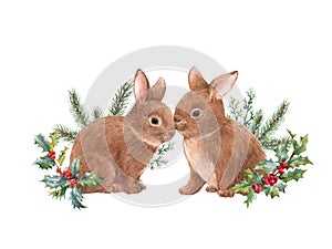 Beautiful stock illustration with hand drawn watercolor cute rabbit family. Forest animal composition clip art.