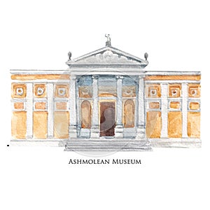 Beautiful stock illustration with hand drawn watercolor old building. Historical site Oxford Ashmolean museum.