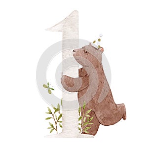 Beautiful stock illustration with watercolor hand drawn number 1 and cute bear animal for baby clip art. One month, year