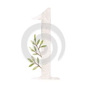 Beautiful stock illustration with watercolor hand drawn number 1 and leaves clip art. One month, year.