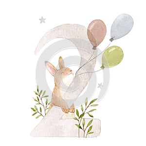 Beautiful stock illustration with watercolor hand drawn number 2 and cute rabbit animal for baby clip art. Two month