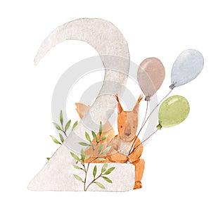 Beautiful stock illustration with watercolor hand drawn number 2 and cute squirrel animal for baby clip art. Two month