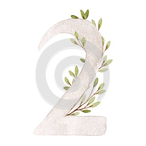 Beautiful stock illustration with watercolor hand drawn number 2 and leaves clip art. Two month, year.