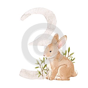 Beautiful stock illustration with watercolor hand drawn number 3 and cute rabbit animal for baby clip art. Three month