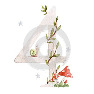 Beautiful stock illustration with watercolor hand drawn number 4 and cute mushrooms for baby clip art. Four month, years