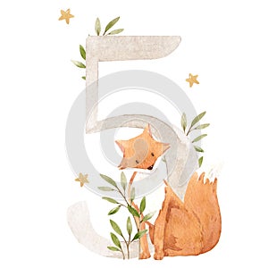 Beautiful stock illustration with watercolor hand drawn number 5 and cute fox animal for baby clip art. Five month