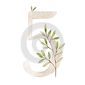 Beautiful stock illustration with watercolor hand drawn number 5 and leaves clip art. Five month, year.