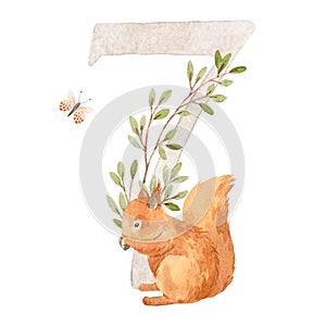 Beautiful stock illustration with watercolor hand drawn number 7 and cute squirrel animal for baby clip art. Seven month