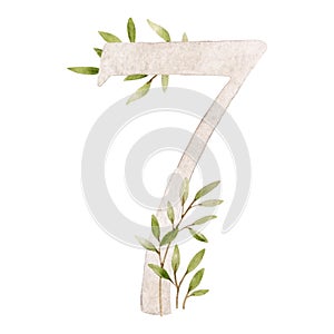 Beautiful stock illustration with watercolor hand drawn number 7 and leaves clip art. Seven month, year.